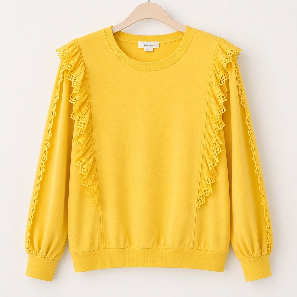 Anthropologie NEW Marigold Yellow Eyelet Ruffle Sleeve Sweatshirt SZ XL Cottage - Picture 2 of 14